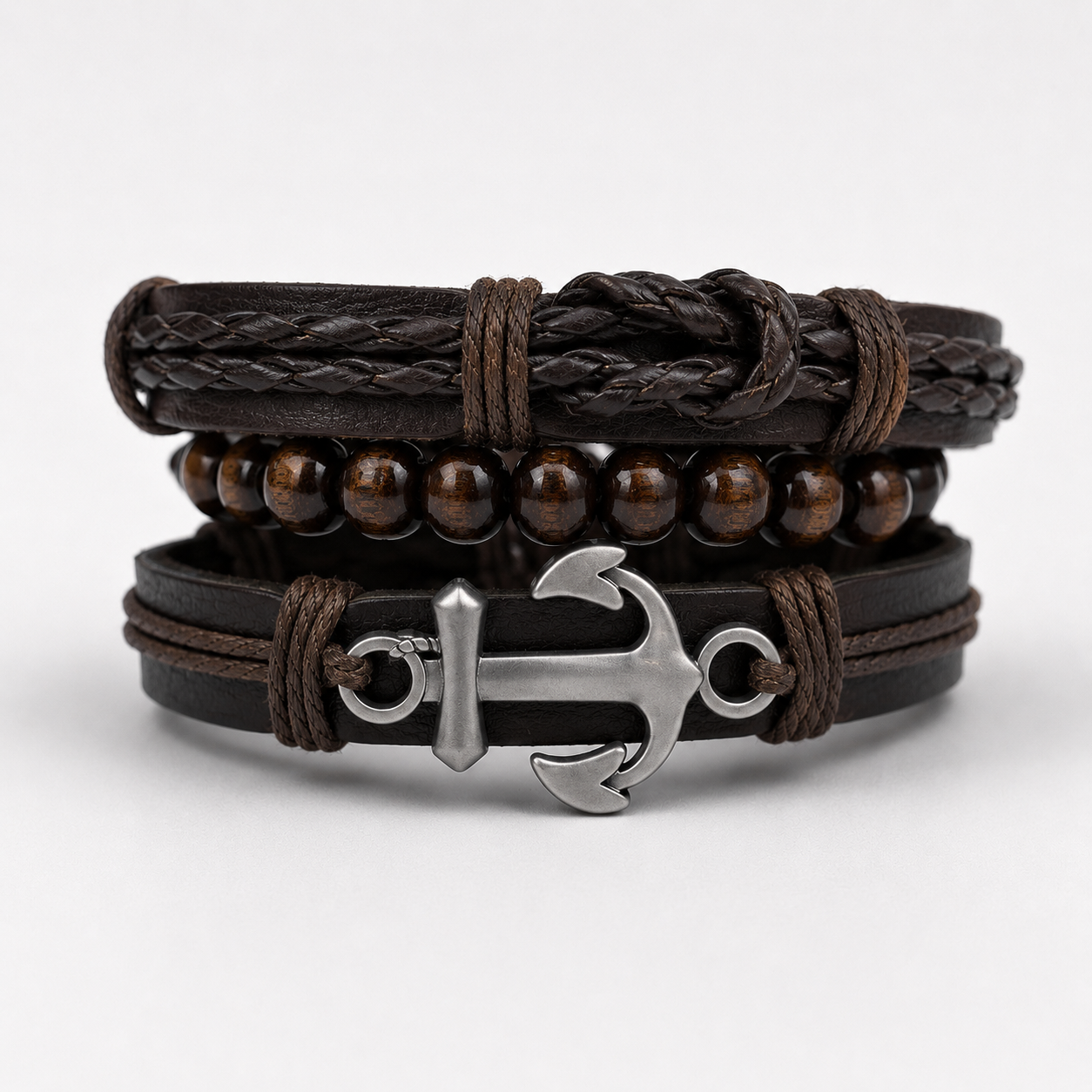 Brown Anchor Leather Bracelet Set