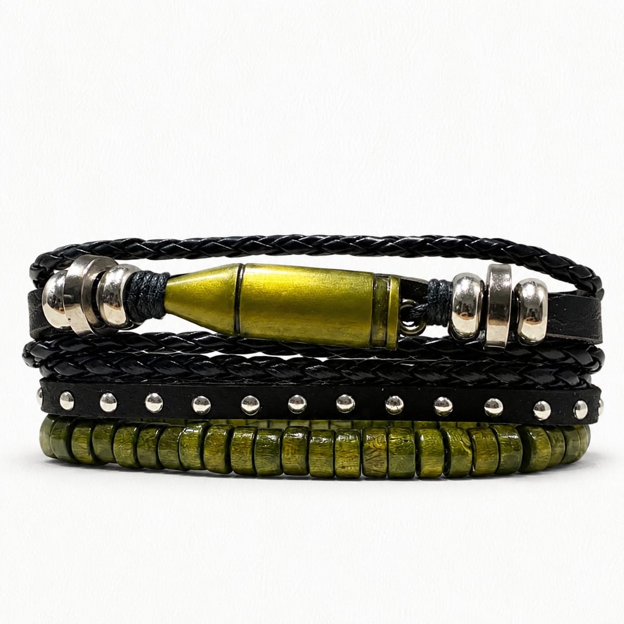 Urban Edge Bullet Leather Bracelet Military Style Multi-Layer Wrap Bracelet | Black & Army Green