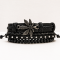Men's Black & Brown Leaf Leather Bracelet Set – Handmade Multi-Layer Beaded Wrap Bracelet | Adjustable Boho Wristband