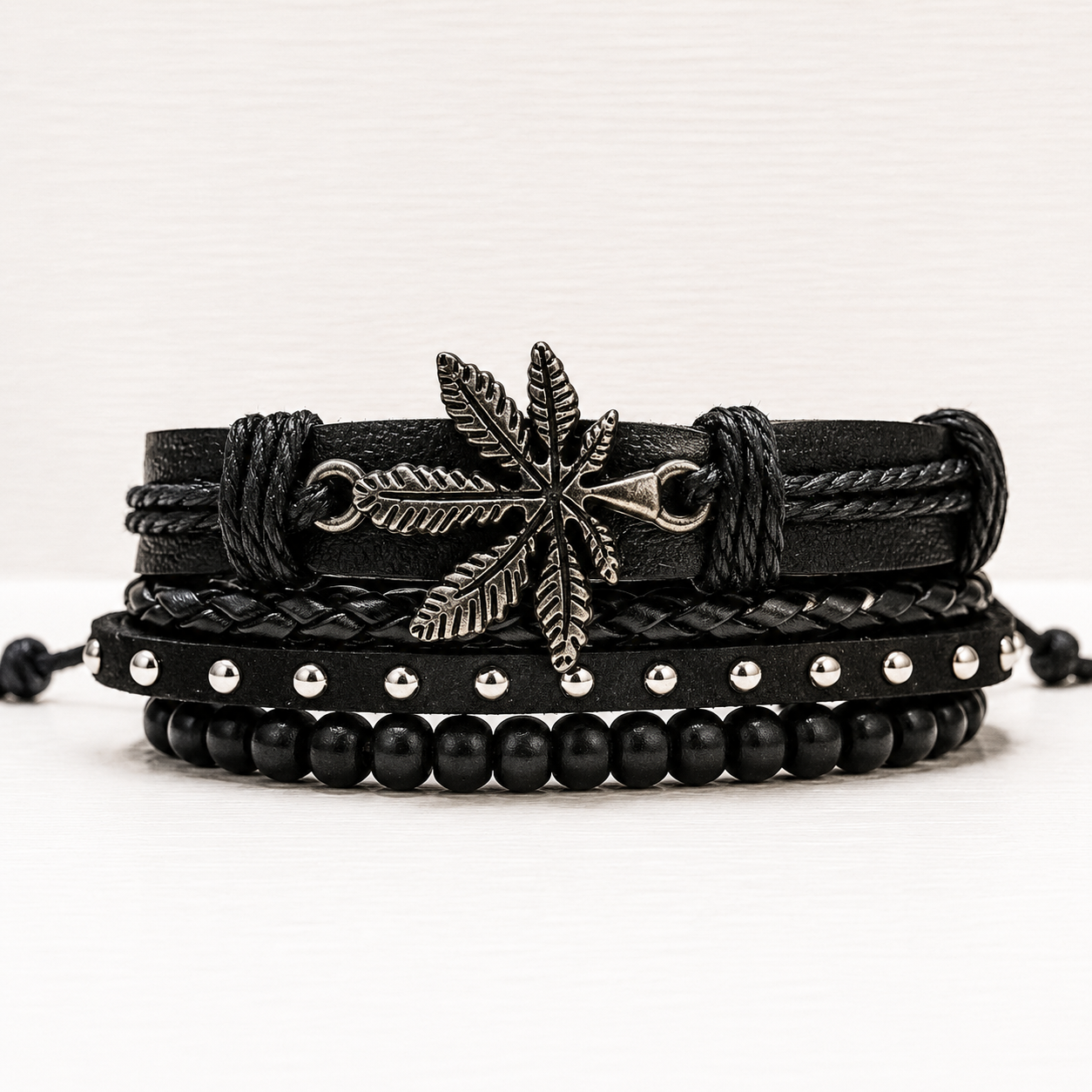 Men's Black & Brown Leaf Leather Bracelet Set – Handmade Multi-Layer Beaded Wrap Bracelet | Adjustable Boho Wristband
