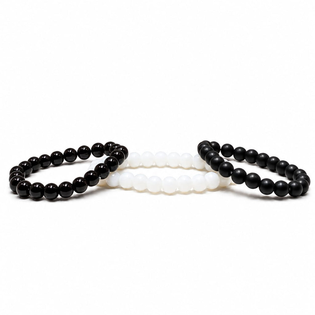 Natural Stone Bead Bracelet Set | Black, White & Matte Beaded Stretch Bracelets | 3-Piece Stackable Jewelry