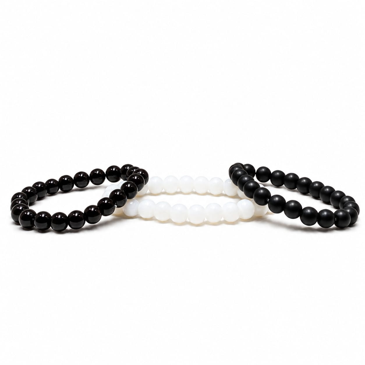 Natural Stone Bead Bracelet Set | Black, White & Matte Beaded Stretch Bracelets | 3-Piece Stackable Jewelry