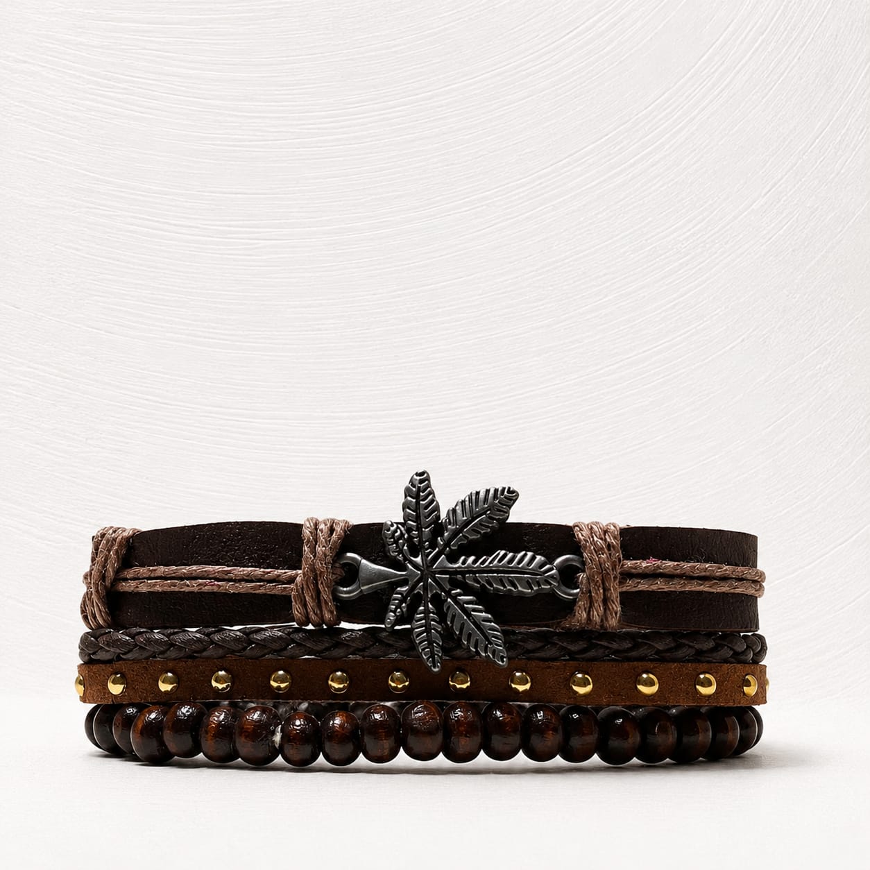 Men's Black & Brown Leaf Leather Bracelet Set – Handmade Multi-Layer Beaded Wrap Bracelet | Adjustable Boho Wristband