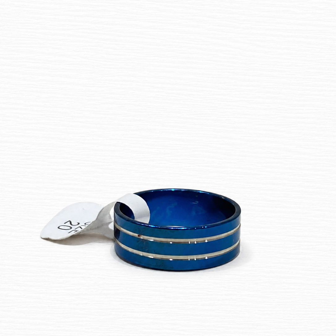 Blue Stainless Steel Ring with Silver Stripe Design