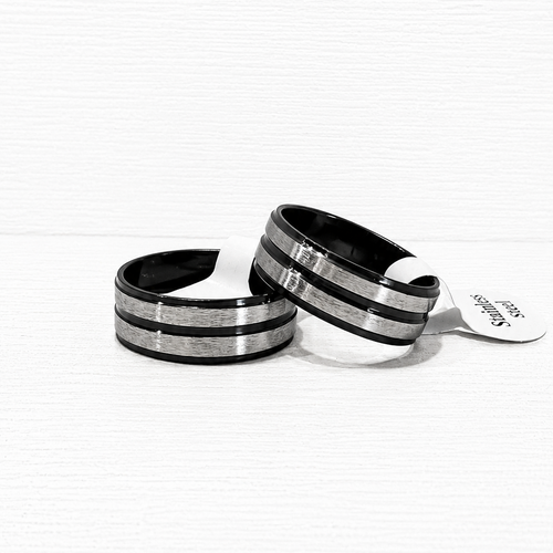Black Stainless Steel Ring with Brushed Silver Double Stripe