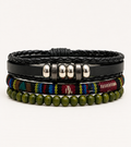 Boho Multilayer Leather Bracelet Set with Green Wooden Beads & Tribal Fabric Band