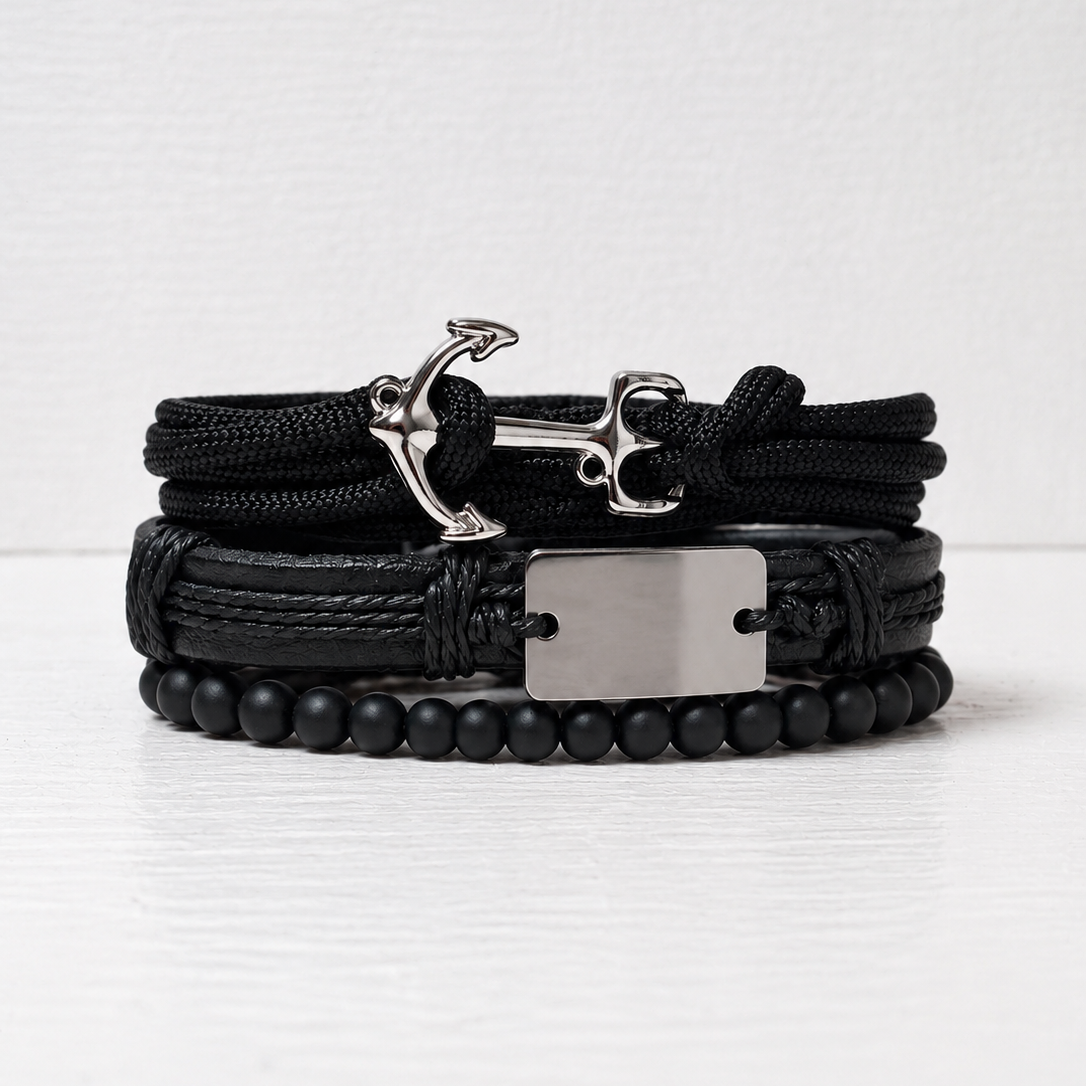 Black Anchor Leather Bracelet Set