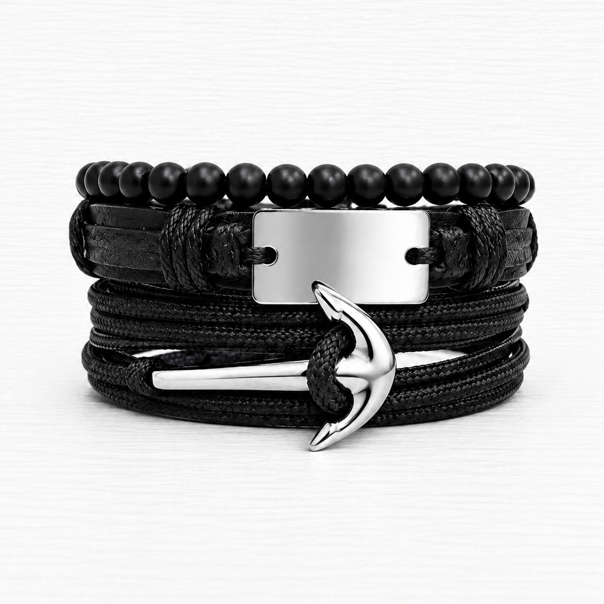 Black Anchor Leather Bracelet Set
