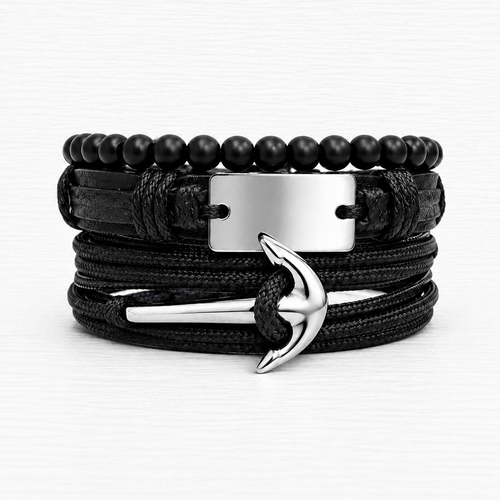 Black Anchor Leather Bracelet Set