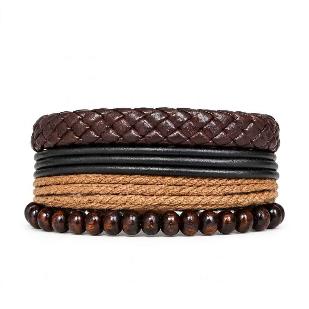 Urban Rebel 5-Piece Braided Bracelet Set for Men – Brown or Black Beaded Stack