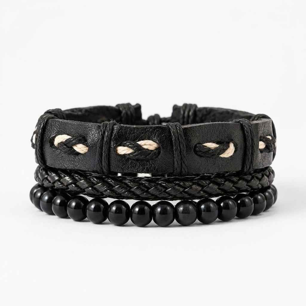 Midnight Rebel 3-Piece Black Leather-Style Bracelet Set for Men – Braided & Beaded