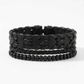 Midnight Rebel 3-Piece Black Leather-Style Bracelet Set for Men – Braided & Beaded