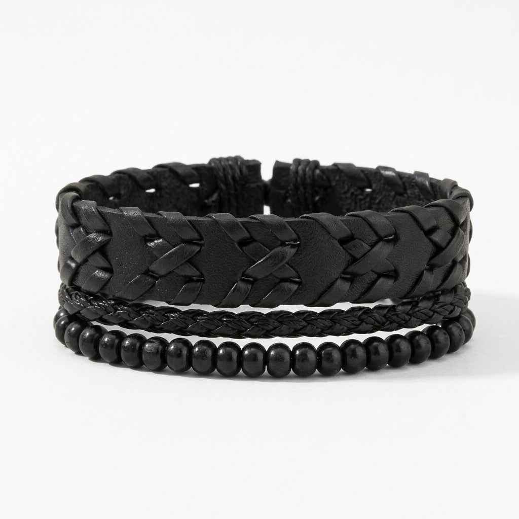 Midnight Rebel 3-Piece Black Leather-Style Bracelet Set for Men – Braided & Beaded