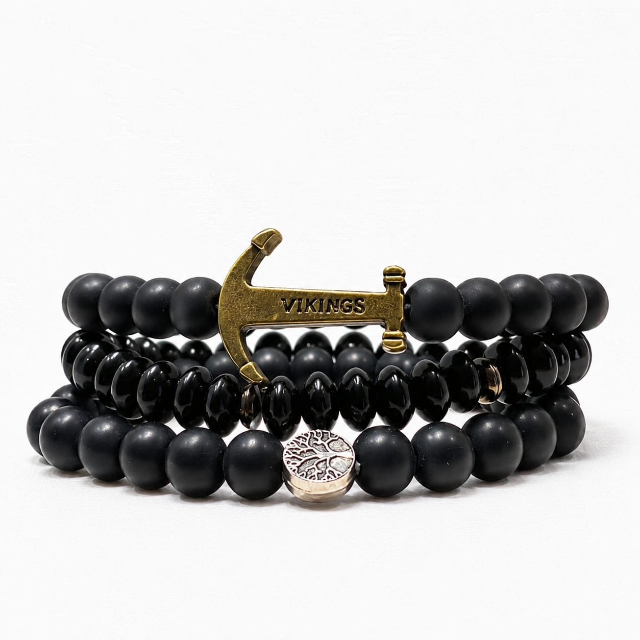 Viking Anchor & Tree of Life Black Beaded Bracelet Set