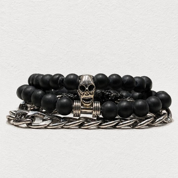 Men's Black Beaded Bracelet Set – Skull & Gym Dumbbell Charm Stack Bracelets