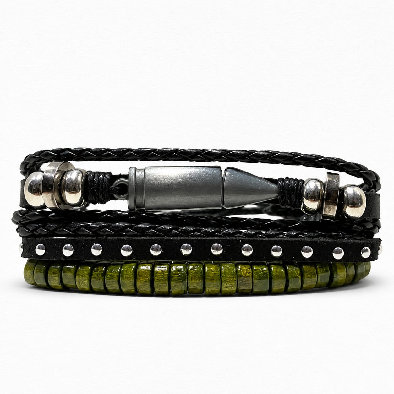 Urban Edge Bullet Leather Bracelet Military Style Multi-Layer Wrap Bracelet | Black & Army Green