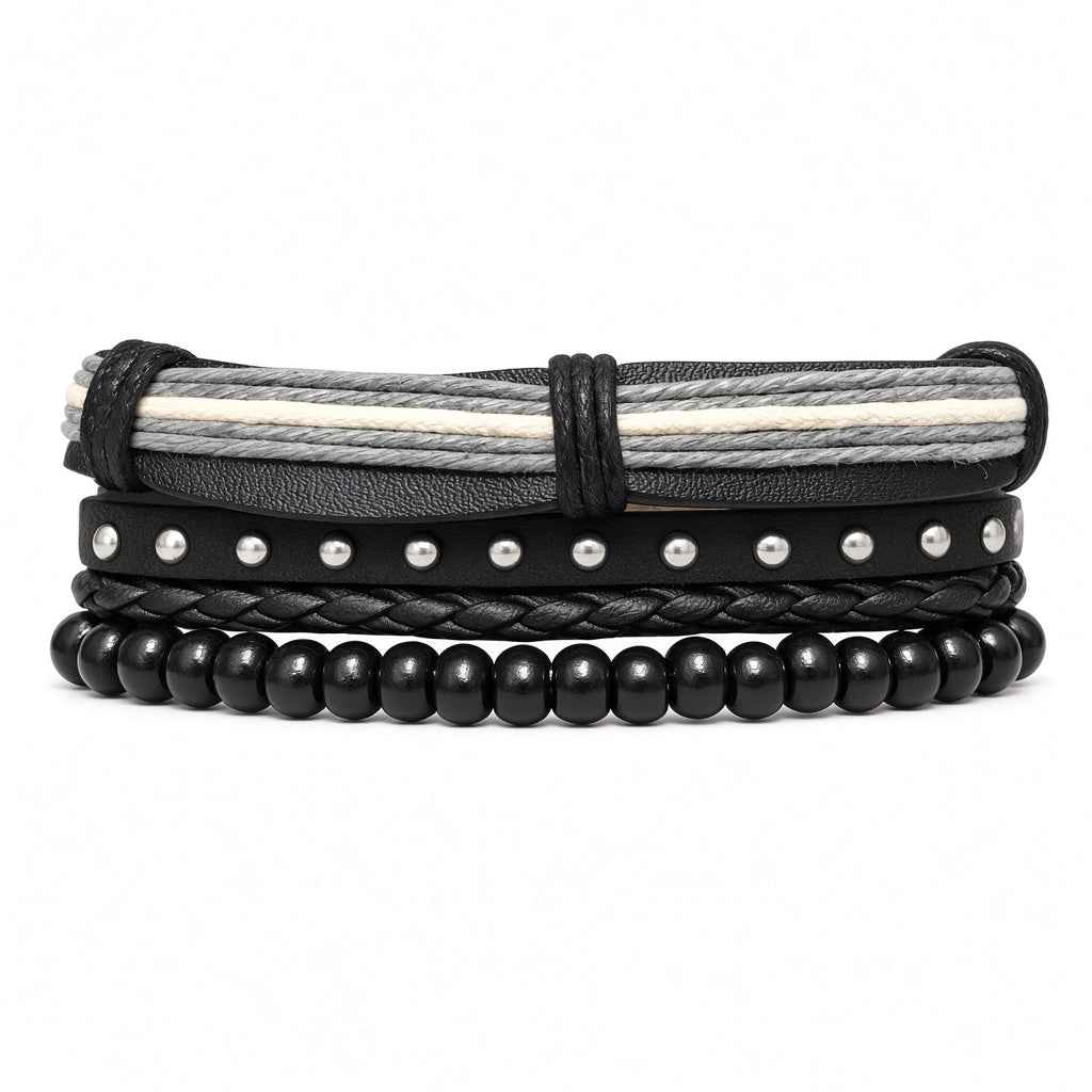 Urban Edge 5-Piece Multilayer Bracelet Set for Men – Braided Stack with Studs & Beads