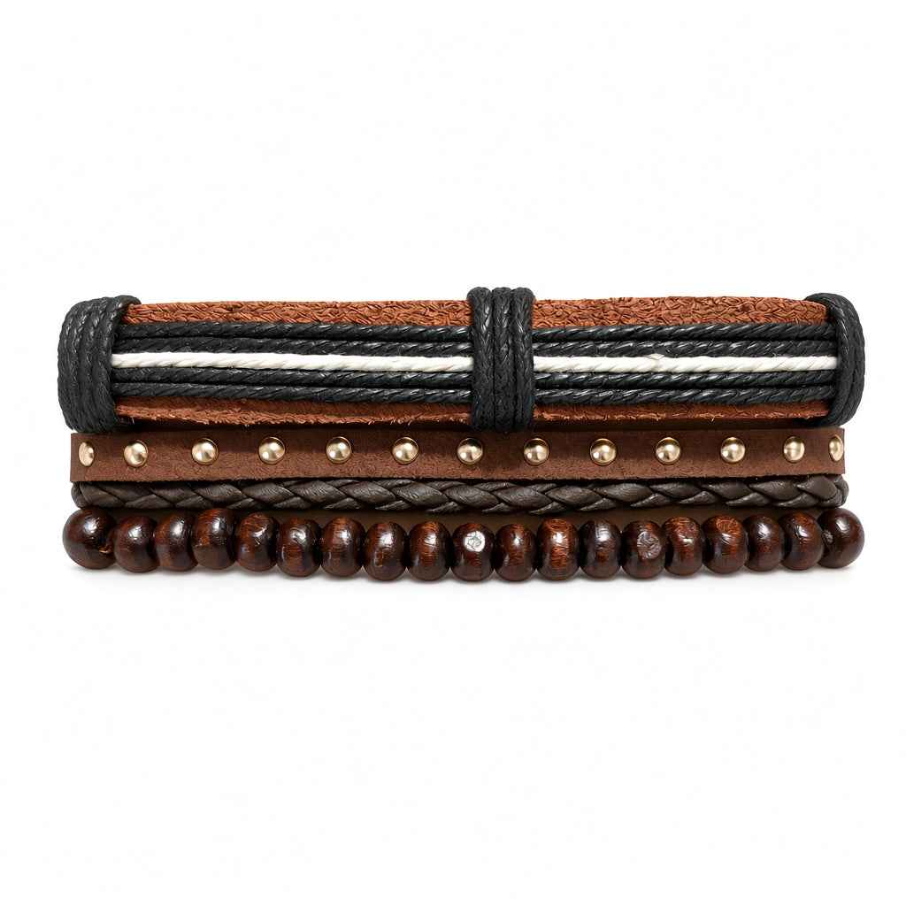 Urban Edge 5-Piece Multilayer Bracelet Set for Men – Braided Stack with Studs & Beads