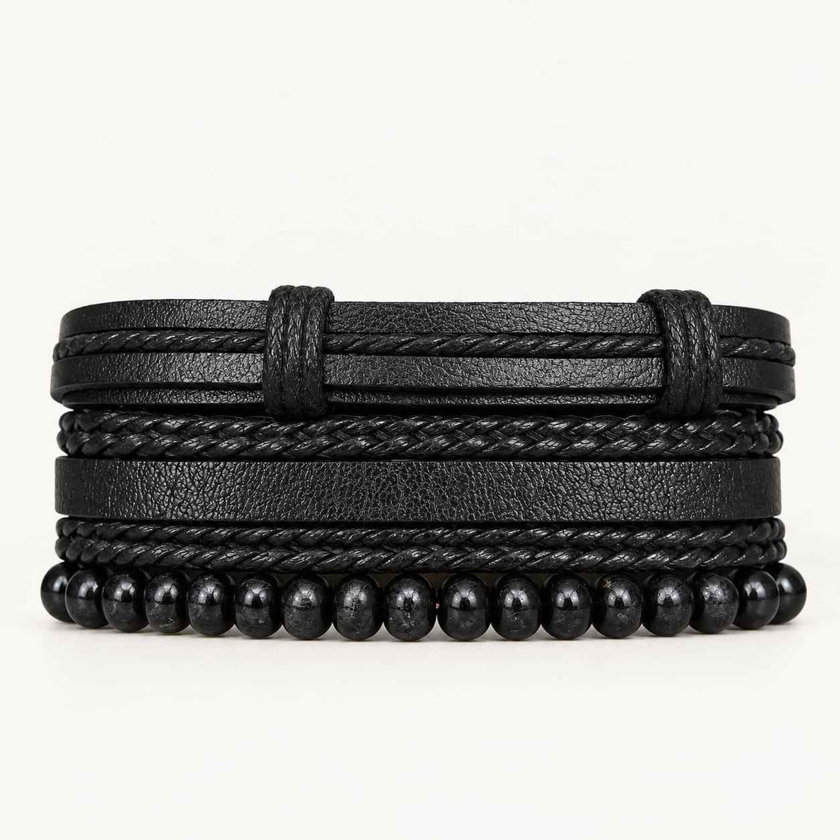 Urban Edge 5-Piece Multilayer Bracelet Set for Men – Braided Stack with Studs & Beads