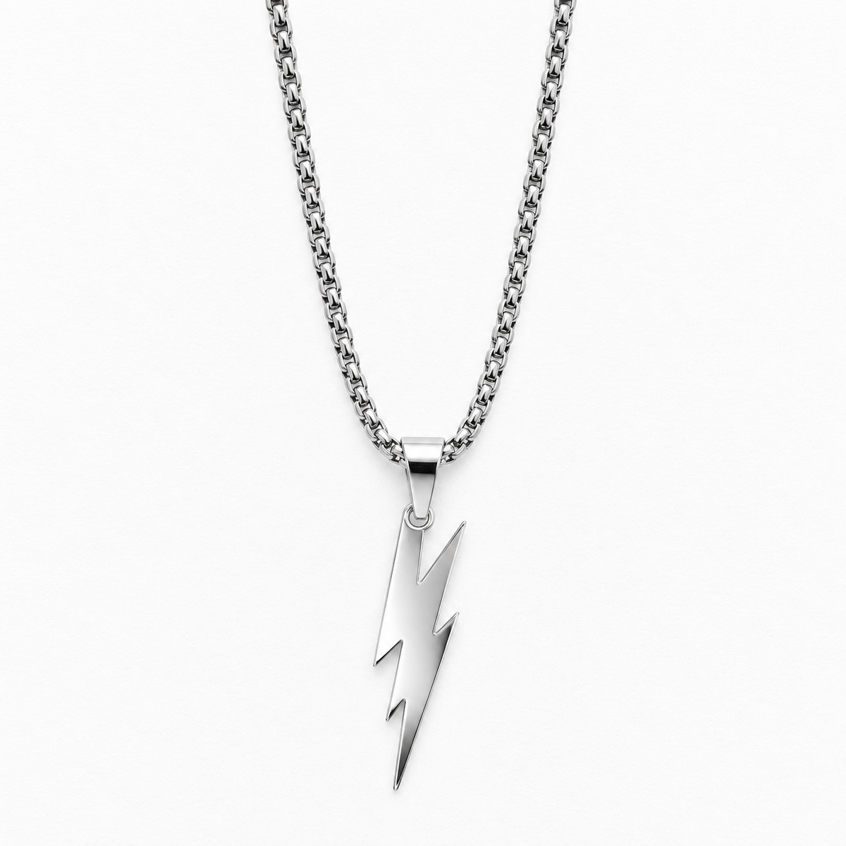 Black lightning bolt pendant necklace on a chain by RRLUXECO, showcasing a bold, edgy jewelry accessory.