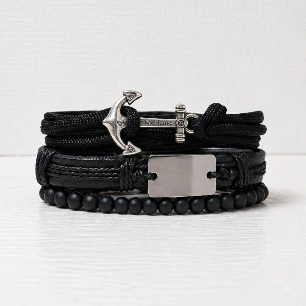 Black Anchor Leather Bracelet Set - Nautical Style for Men