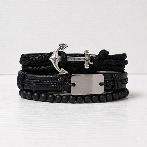 Black Anchor Leather Bracelet Set - Nautical Style for Men