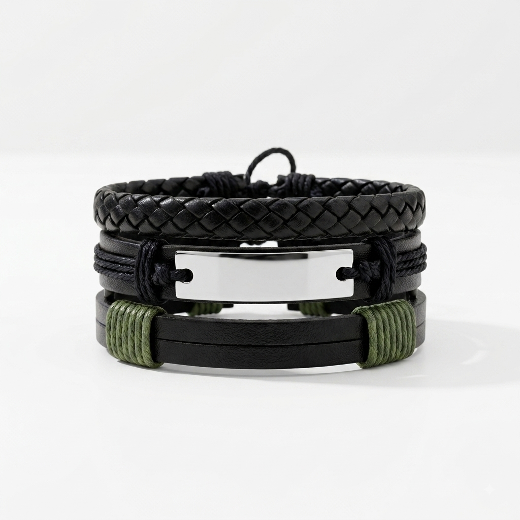 The Urban Stacked Leather & Olive Cord Bracelet Set - Modern Men's Accessory