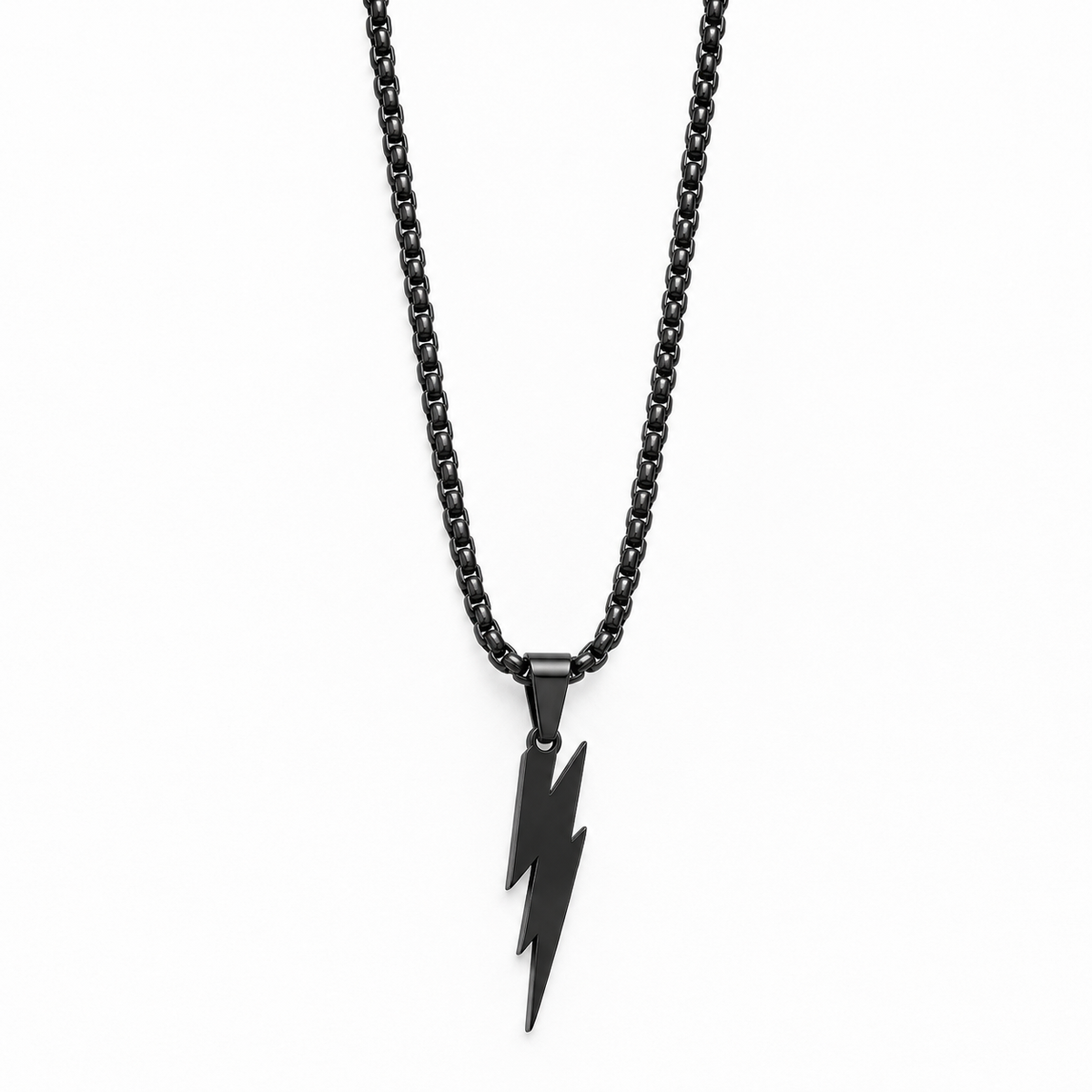 RRLUXECO black chain necklace with lightning bolt pendant, bold black jewelry accessory, close-up of the pendant design.