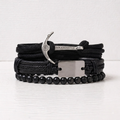 Black Anchor Leather Bracelet Set - Nautical Style for Men
