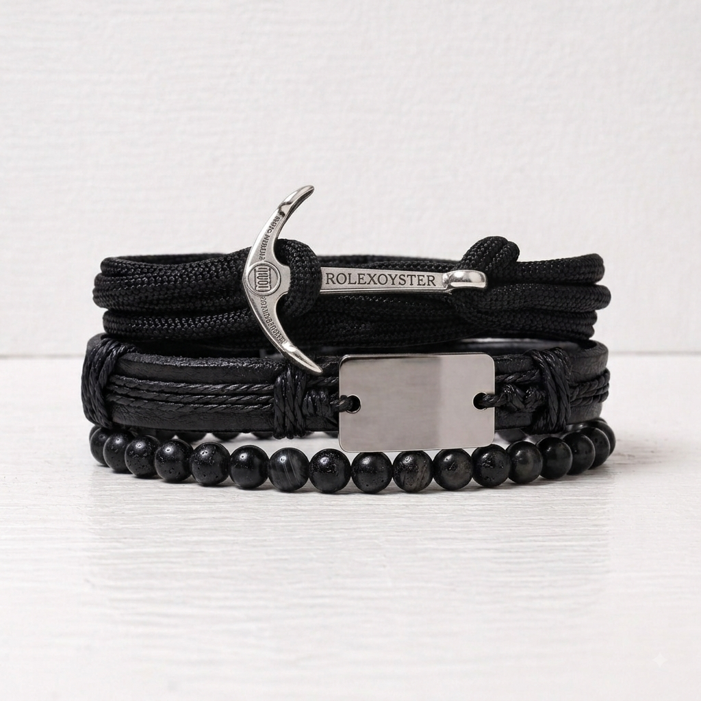 Black Anchor Leather Bracelet Set - Nautical Style for Men
