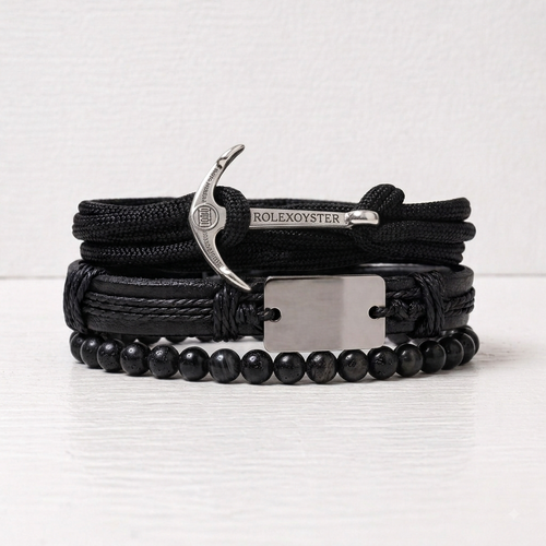 Black Anchor Leather Bracelet Set - Nautical Style for Men