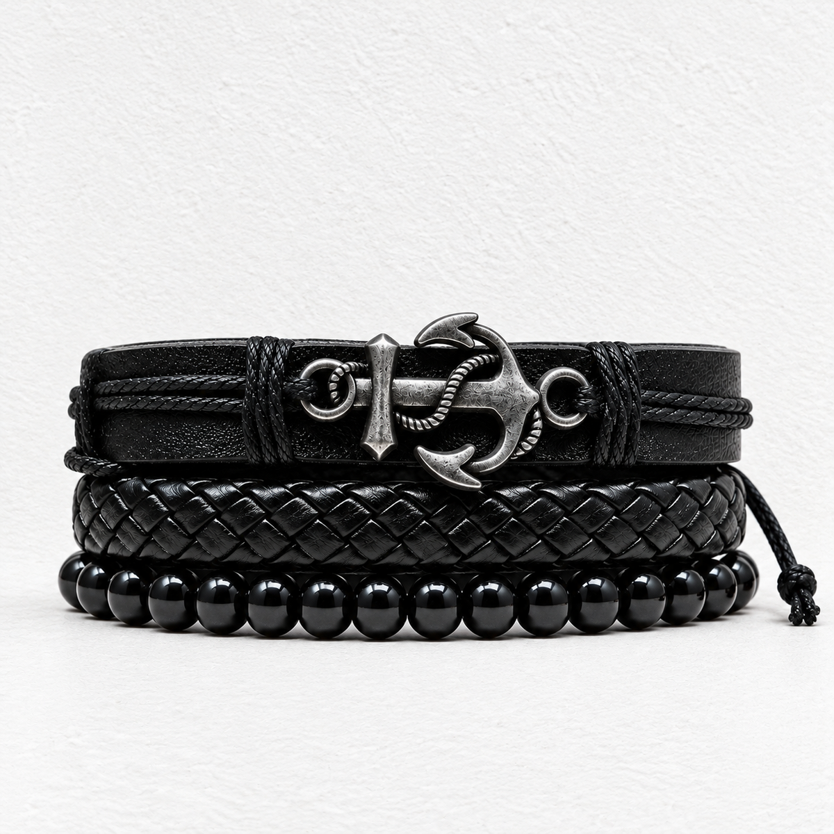 Set of brown anchor leather bracelets for men by RRLUXECO, featuring stylish, rugged leather bands with metal anchor accents.